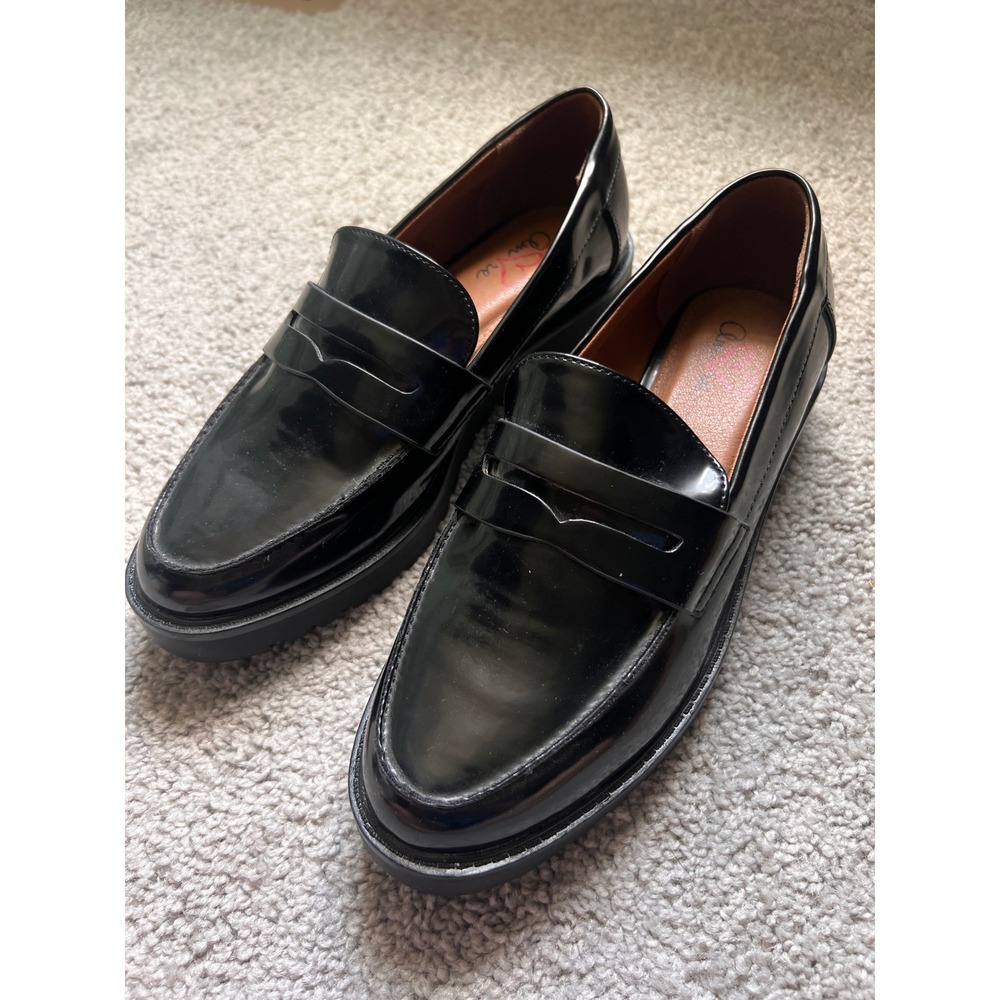Amore Womens Black Patent Lug Sole Penny Loafers Platform Shoes Size 7 GS1384501